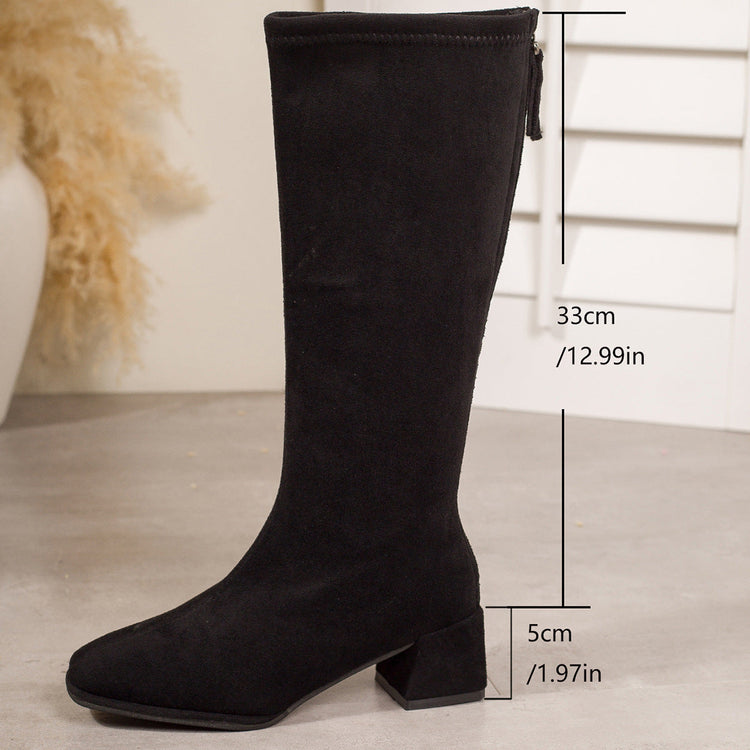Winter Block-toe Figure-flattering Chunky-heel Stretch Boots TRENDFLOW