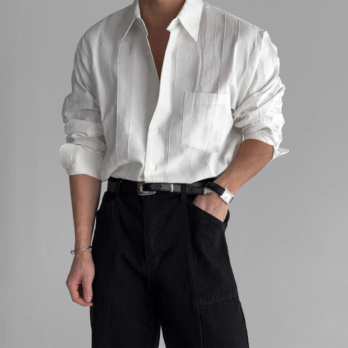 New High-end Textured Wide Solid Color Thin Pocket Long Sleeve Shirt TRENDFLOW