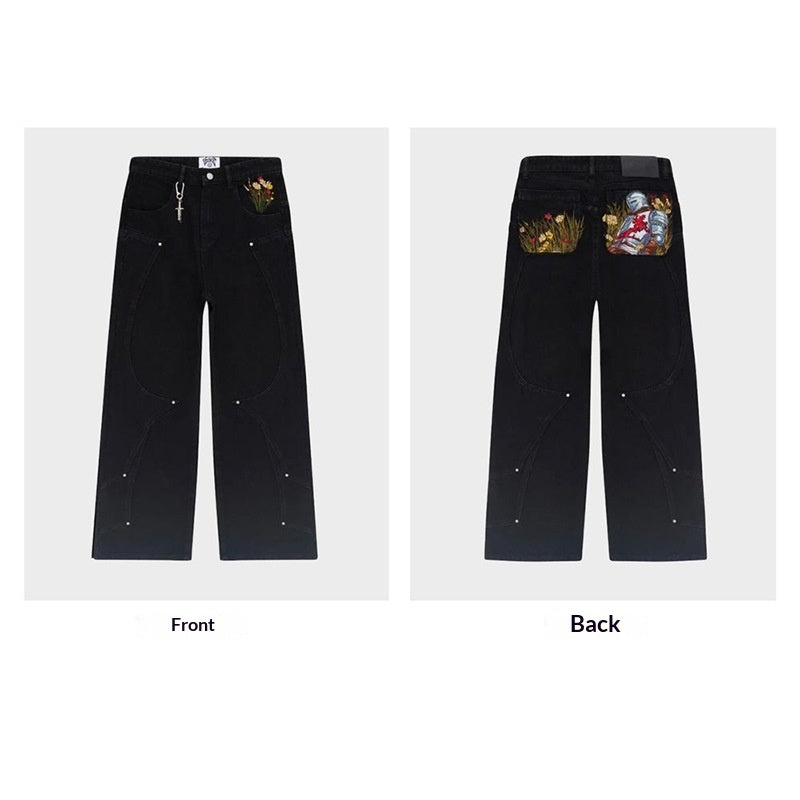 Black Jeans With Embroidered Silver Knight Armor TRENDFLOW