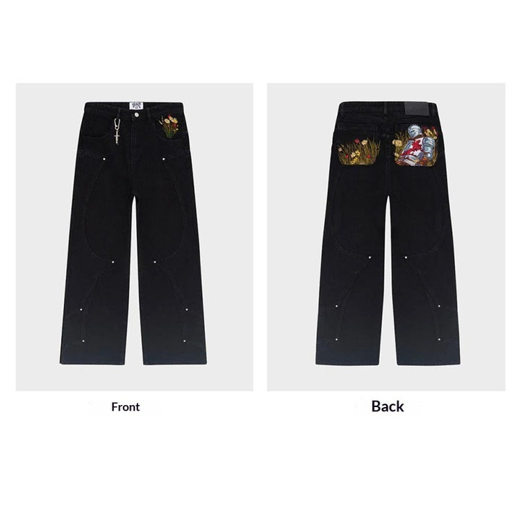 Black Jeans With Embroidered Silver Knight Armor TRENDFLOW