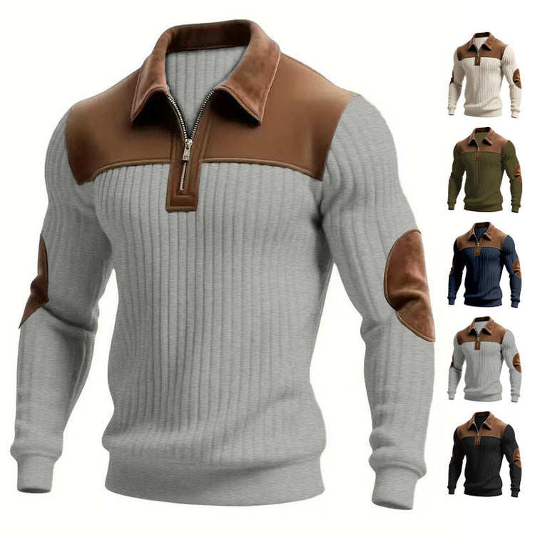 Notched-collar Patchwork Knit Top With Embroidered Zipper Hoodie TRENDFLOW