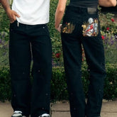 Black Jeans With Embroidered Silver Knight Armor TRENDFLOW