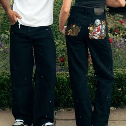 Black Jeans With Embroidered Silver Knight Armor TRENDFLOW