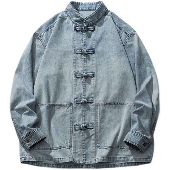 Retro Frog-Button Denim Shirt Unisex Stand-Up Collar Casual Jacket TRENDFLOW