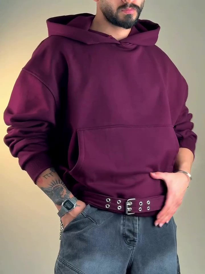 Burgundy Oversize Hoodie With Side Belt TRENDFLOW