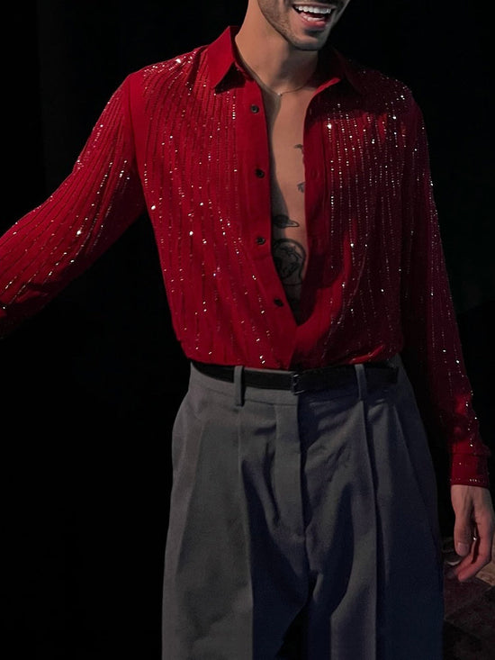 Red Sequin Stripe Long Sleeve Shirt TRENDFLOW