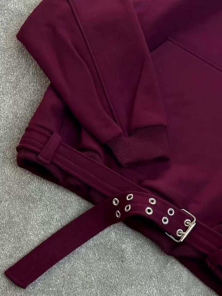 Burgundy Oversize Hoodie With Side Belt TRENDFLOW