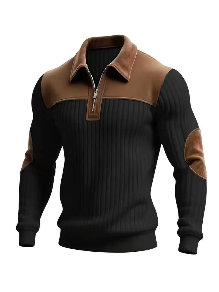 Notched-collar Patchwork Knit Top With Embroidered Zipper Hoodie TRENDFLOW