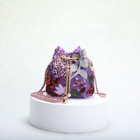 Bucket Bag With Mesh Patchwork Contrasting Colors Drawstring And Chain Strap TRENDFLOW