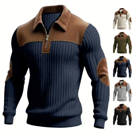 Notched-collar Patchwork Knit Top With Embroidered Zipper Hoodie TRENDFLOW