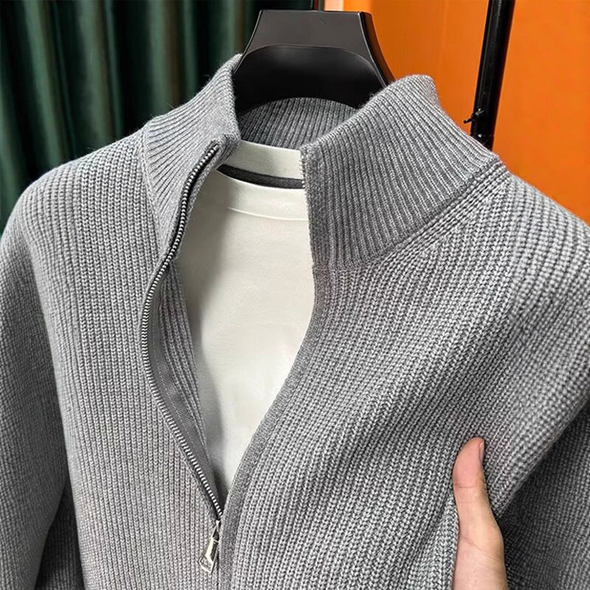 Solid-color Zip-up Cardigan Knitwear Men&