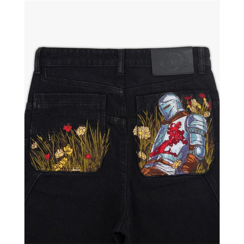 Black Jeans With Embroidered Silver Knight Armor TRENDFLOW