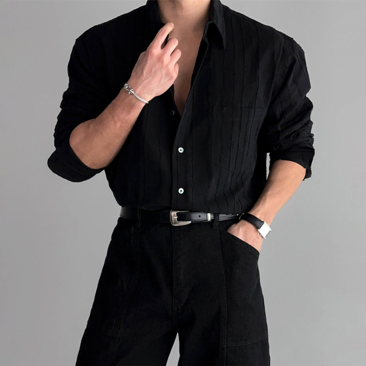 New High-end Textured Wide Solid Color Thin Pocket Long Sleeve Shirt TRENDFLOW