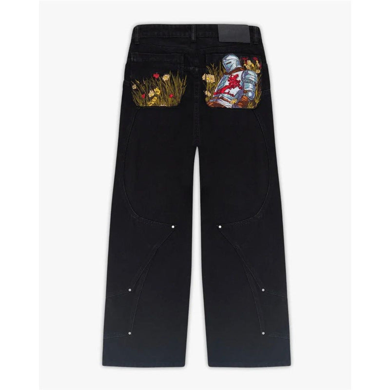 Black Jeans With Embroidered Silver Knight Armor TRENDFLOW