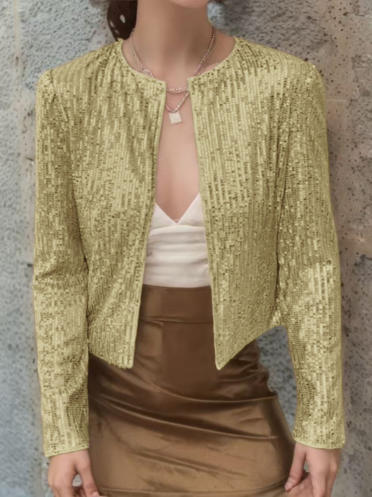 Crew-neck Long-sleeve Solid-color Cardigan Casual Sequin Jacket TRENDFLOW